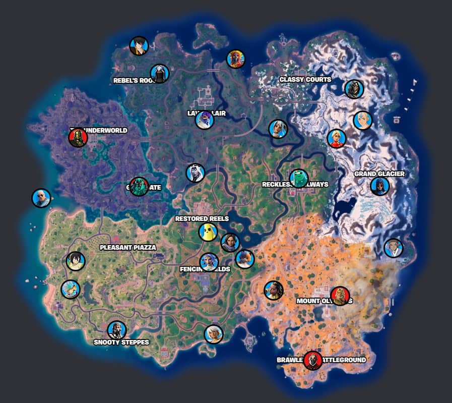A map of the Fortnite island with NPC locations marked on it. 