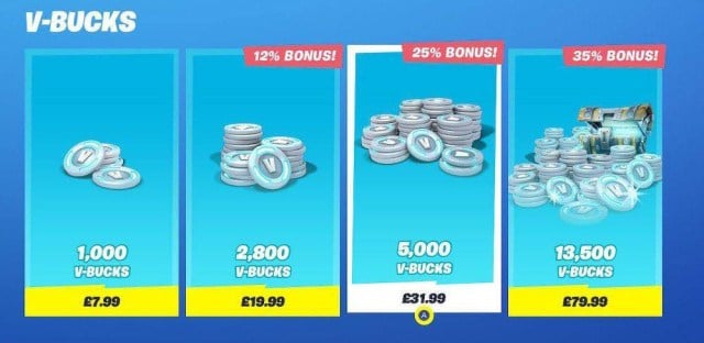 Fortnite V-Bucks screen, showing the different sets of V-Bucks available to buy