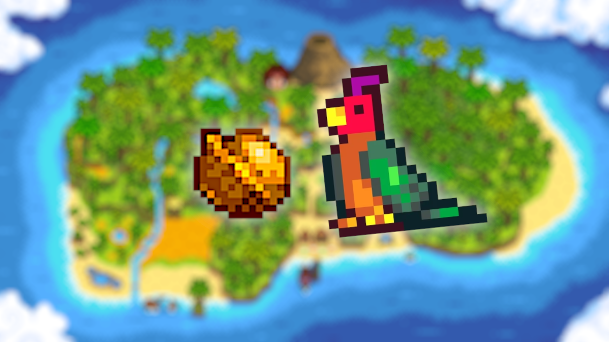 A Golden Walnut and a Parrot from Stardew Valley