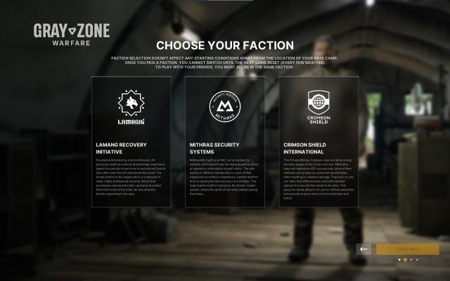 A screenshot showing Gray Zone Warfare's three factions, the Lamang Recovery Initiative, Mithras Security Systems, and Crimson Shield International.