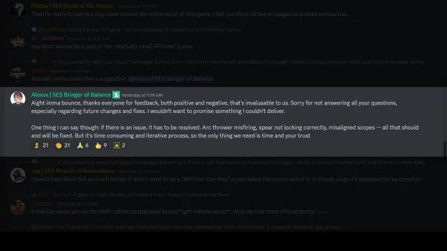 Helldivers 2 Arc Thrower misfiring scopes misaligned designer discussing the issues in discord