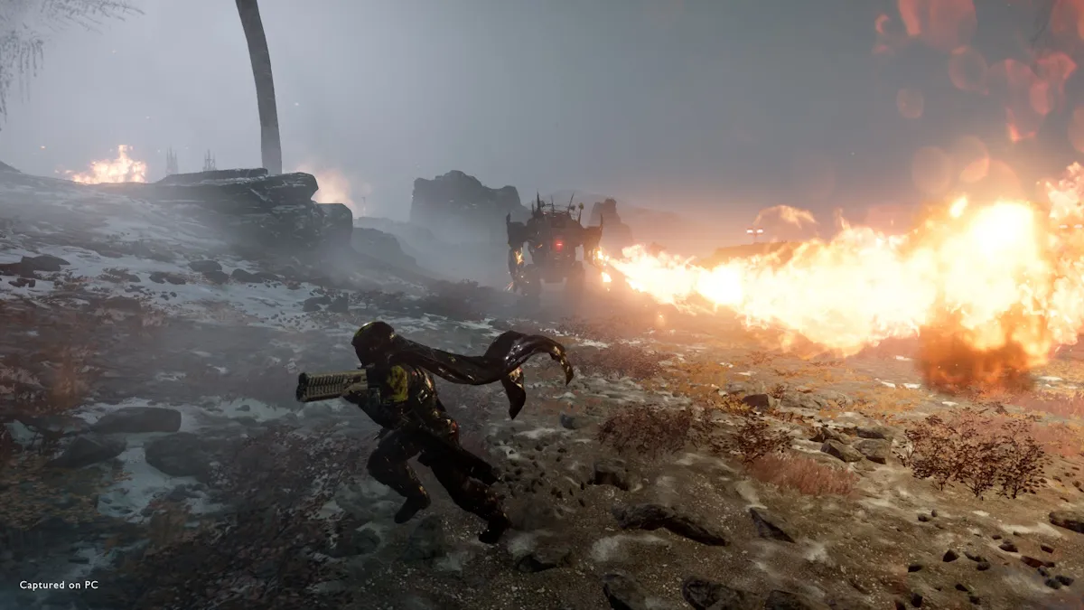 A Helldivers 2 character running away from flames.