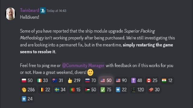 Helldivers 2 Discord post from community manager