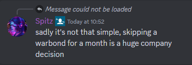 A message from Spitz explaining that skipping a warbond would be a huge company decision.