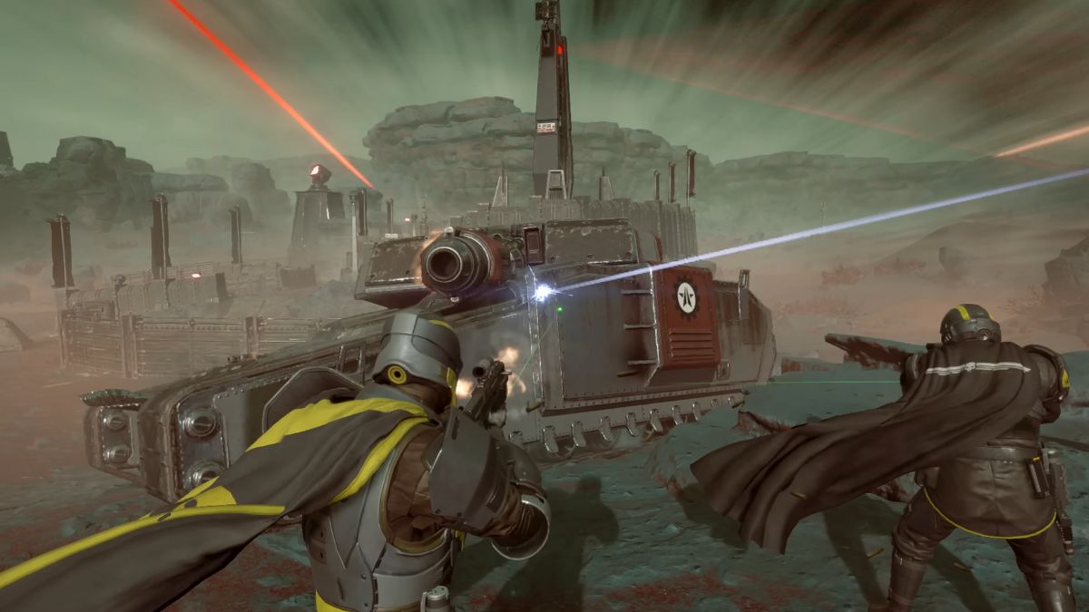 helldivers fighting a tank in helldivers 2