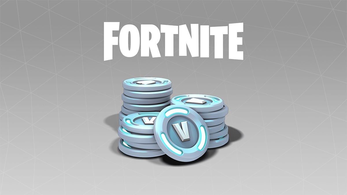 A pile of V-Bucks coins sitting on a grey background with the Fortnite logo above.