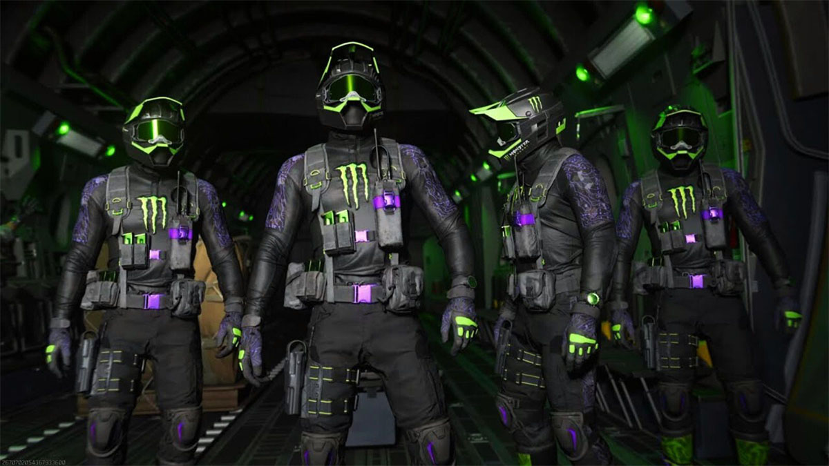 Four Monster Energy Operators standing inside the plane in Warzone.