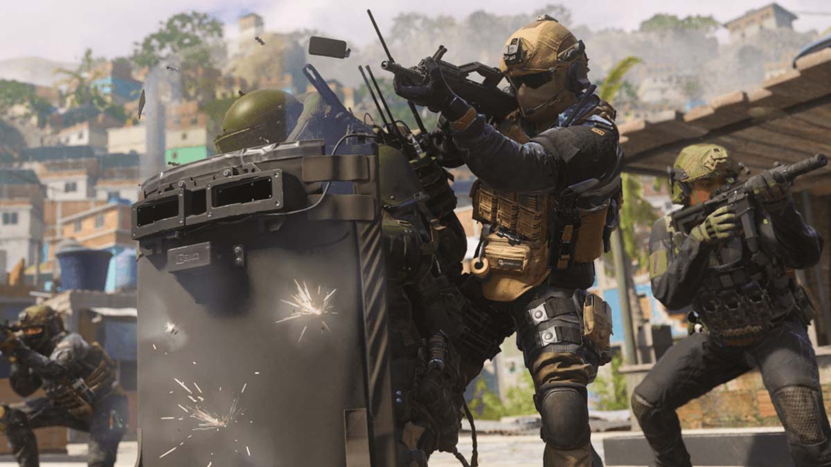 An MW3 player leaning around a Riot Shield to fire a gun.