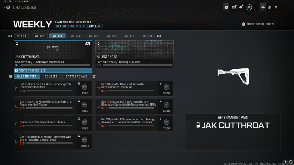 A screenshot showing the challenges needed to unlock the JAK Cutthroat stock.