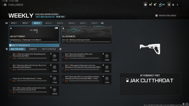 A screenshot showing the challenges needed to unlock the JAK Cutthroat stock. 
