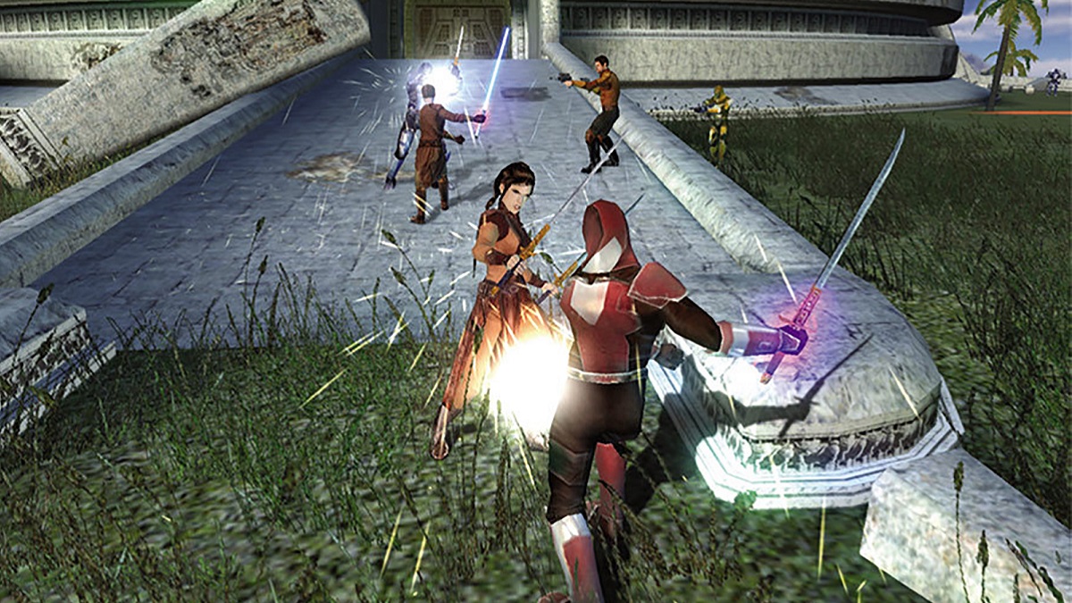 Knights of the Old Republic: fighters battling with each other using swords and lightsabers.