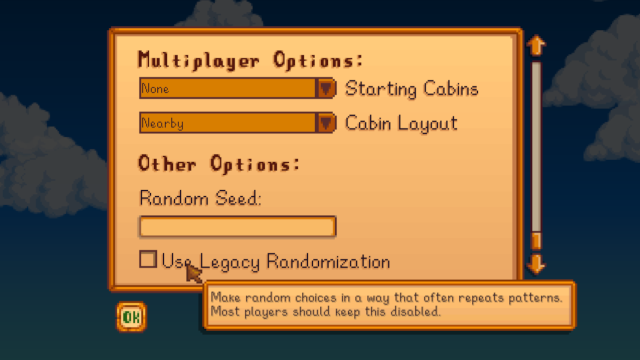 The warning that pops up before selecting Legacy Randomization in Stardew Valley