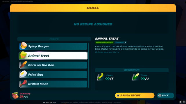 LEGO Fortnite's Animal Treat recipe showing the need for 5 Vines and 3 Corn. 