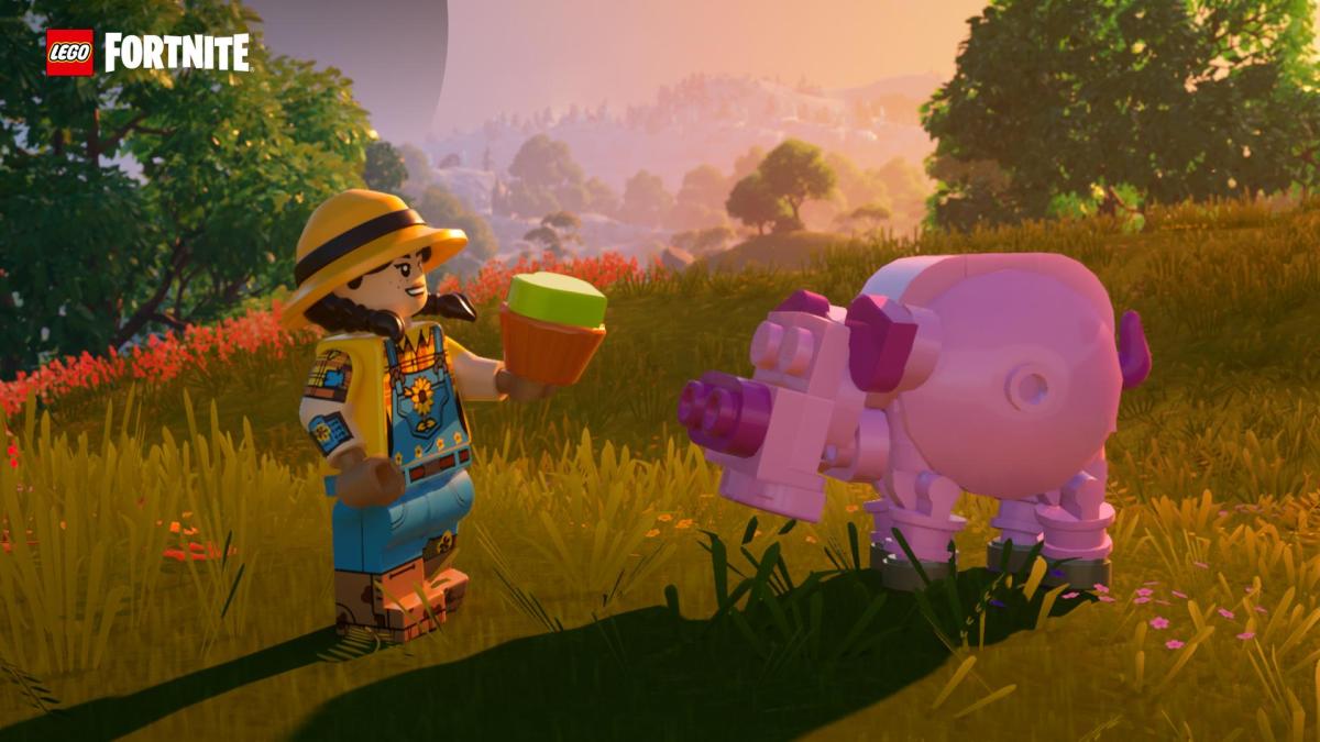 A LEGO Fortnite character feeding an animal treat to a pig