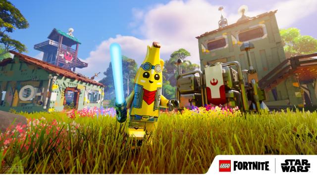 A Peely banana character running around with a blue Lightsaber. There are buildings behind it, with the Rebel logo. 