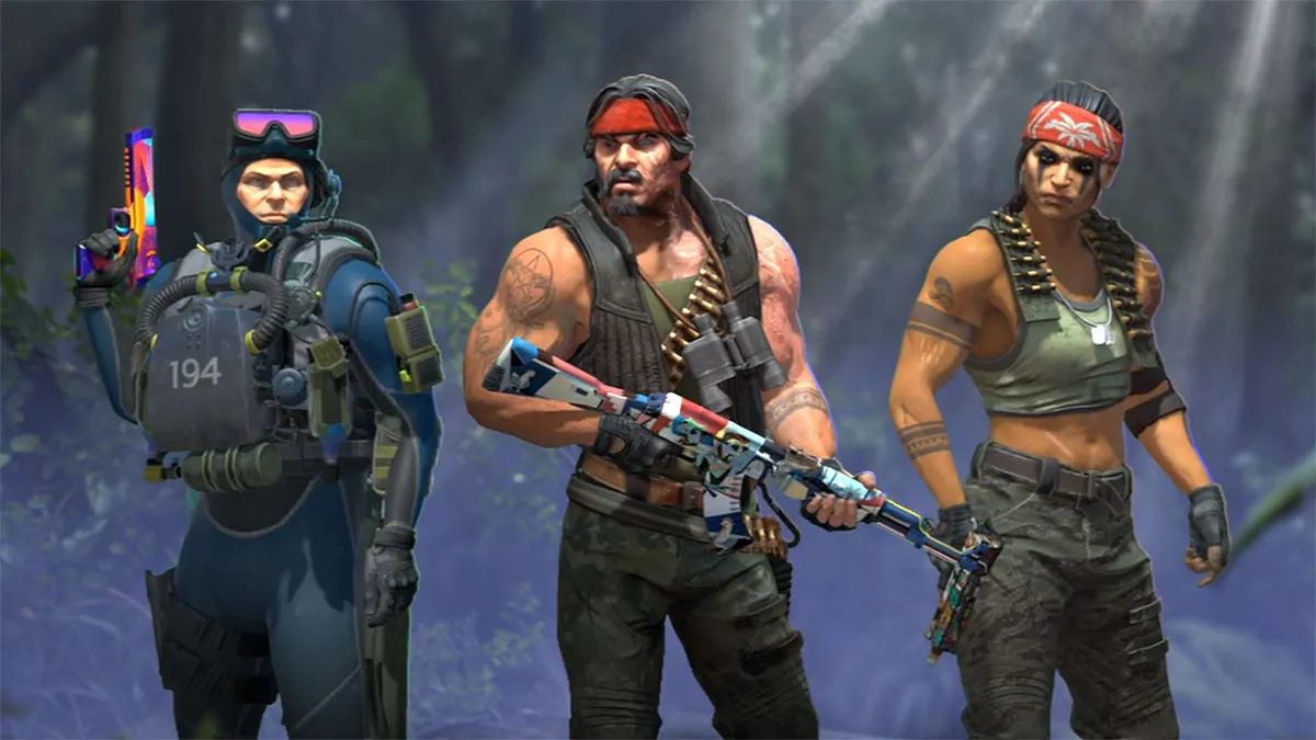 Three CS2 Operation Riptide characters standing in front of a forest.