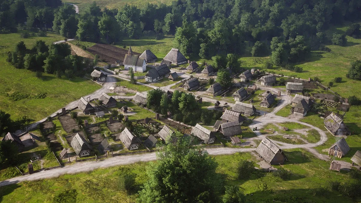Manor Lords: a wide shot of a lush village, which includes a church with a steeple.