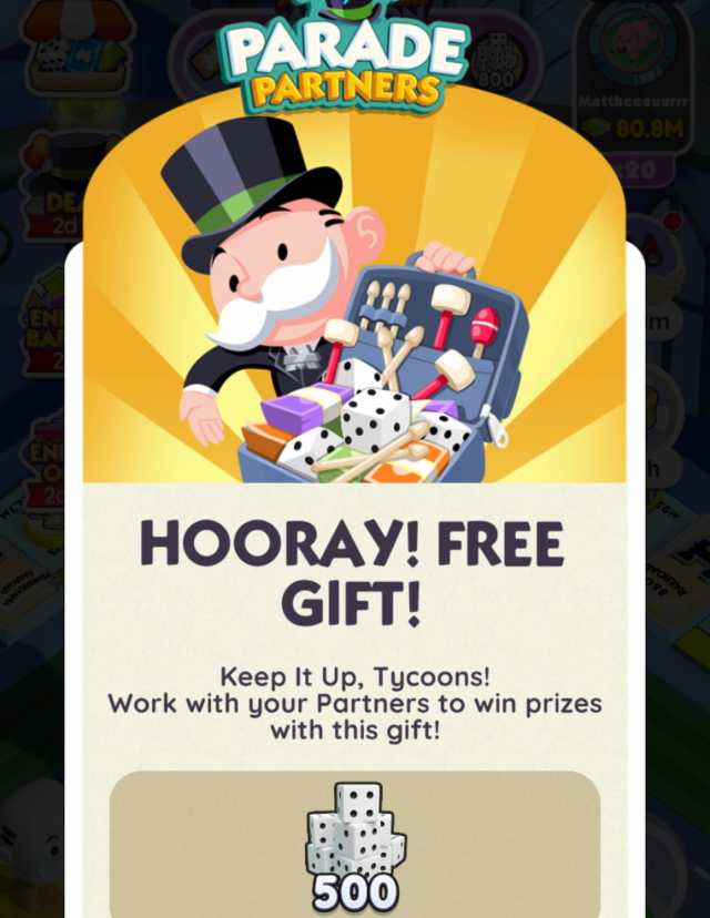 Monopoly GO dice gift for Partners event bug