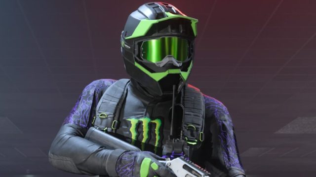 A MW3 character wearing the Monster Energy skin, including a green helmet and the Monster logo on their chest. 