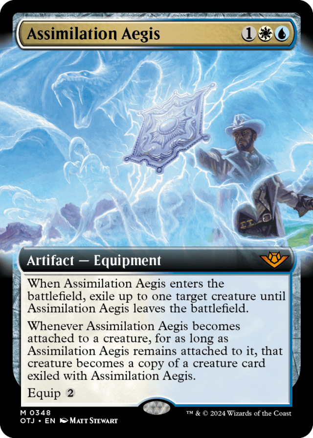 The Assimilation Aegis card from Magic: The Gathering's Outlaws of Thunder Junction set.