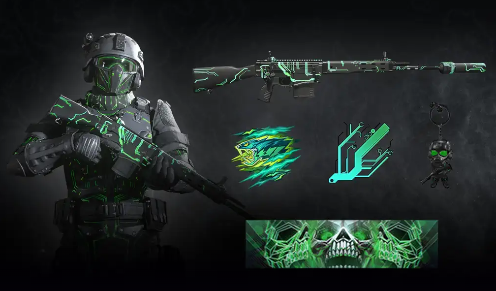 MW3 and Warzone's Electron Energy bundle, including an Operator, weapon skin, emblem, calling card, and charm. 