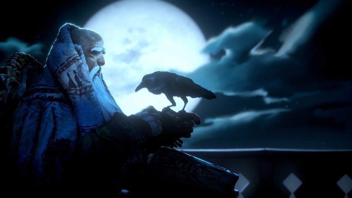 No Rest for the Wicked: a wise, old man holding a raven, with a bright moon in the background.