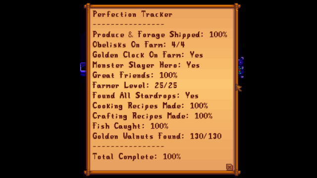 Perfection Tracker showing 100% in Stardew Valley