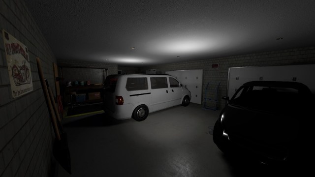 Phasmophobia: the garage in the Ridgeview Court house, showing two parked cars.