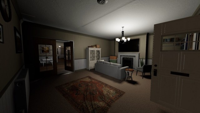 Phasmophobia: screenshot of the Willow Street house, showing the living room, and the kitchen in the far back.