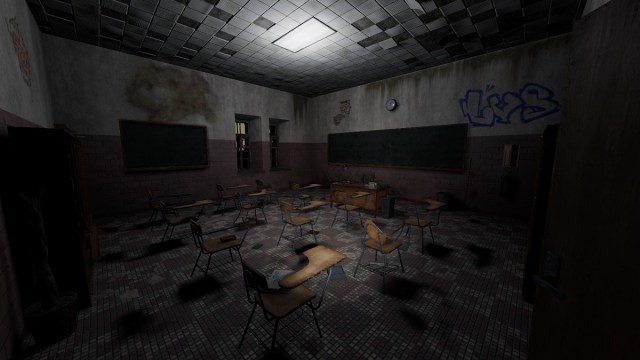 Phasmophobia: a dilapidated and poorly lit classroom inside the school map.