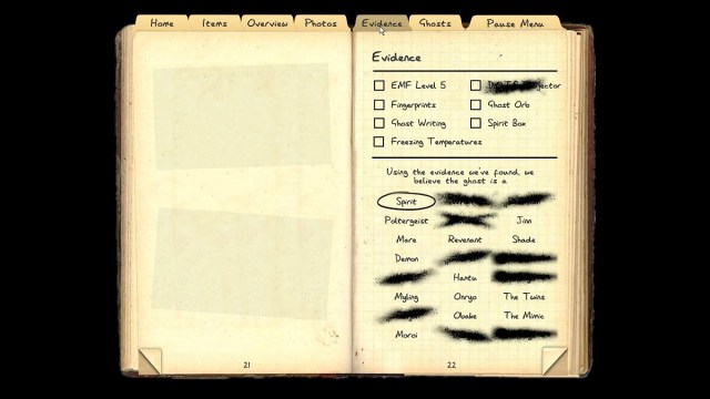 Phasmophobia: the ghost journal showing some items crossed out with black smudges.