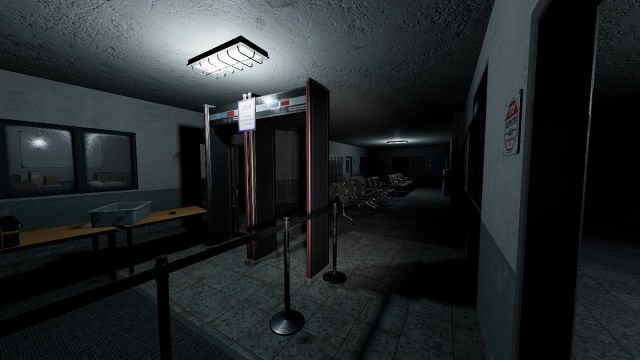Phasmophobia: the entrance to the Prison map, showing the metal detectors.