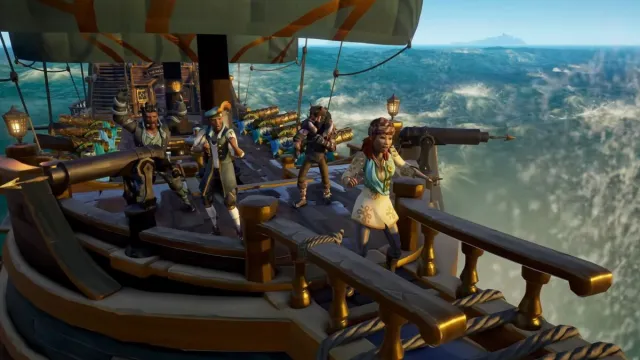Piraten tanzen auf einem Schiff im Meer der Diebe