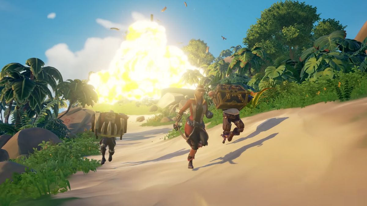 pirates runing from explosion in sea of thieves