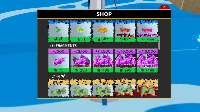 The Blox Fruit shop window, with several rows of items available for Fragments