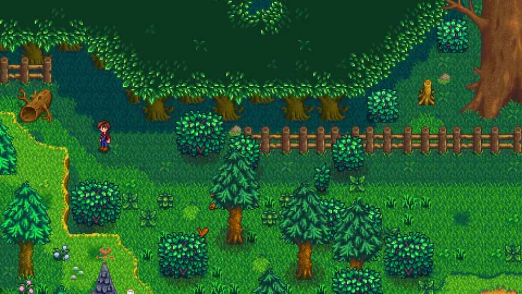 The blocked entrance to the Secret Woods in Stardew Valley.