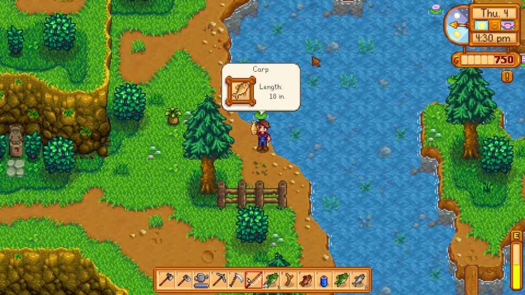 A player catching a Carp in Stardew Valley.
