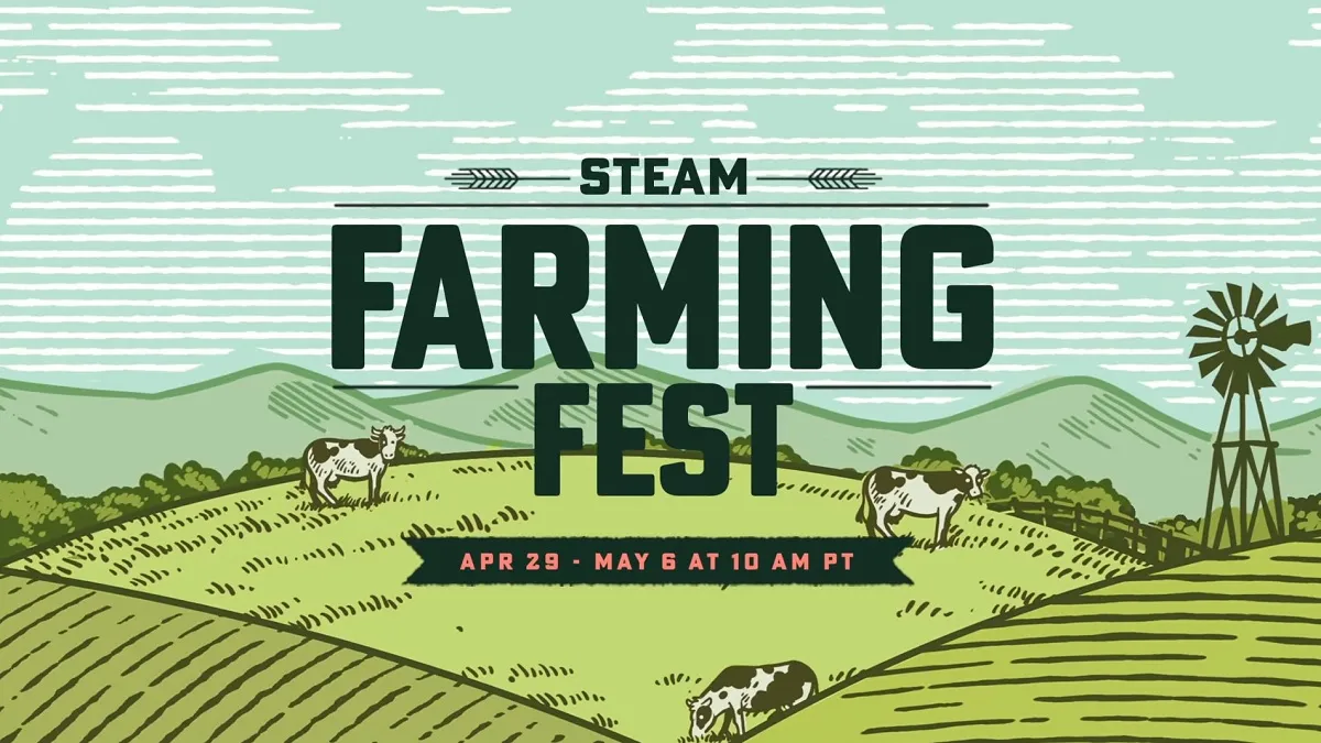 Steam Farming Fest: a drawing of a field with some cows in it.