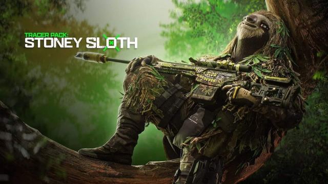 A Sloth holding a sniper rifle, leaning against a tree