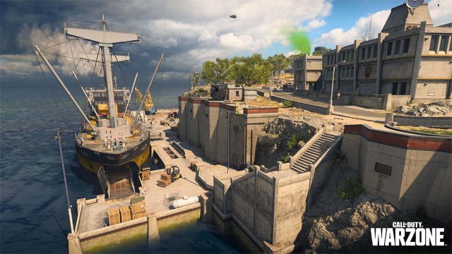 Warzone's Rebirth Island, with a ship parked on the water.