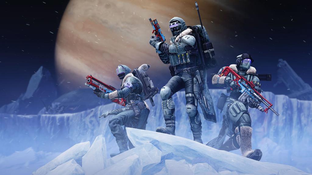 Three guardians stand in Europa in Destiny 2, with Jupiter visible on the background.