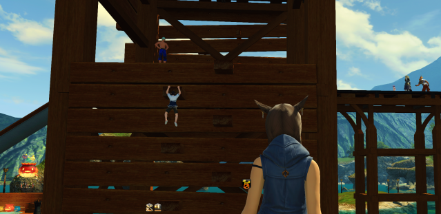 Sicard and Emmanellain in the FFXIV Moonfire Faire 2023 festival, arguing on the tower. 