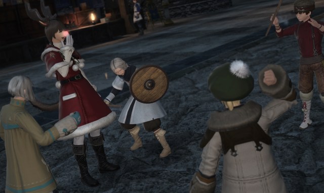 Final Fantasy XIV Warrior of Light in the Christmas / Santa / Starlight Outfit playing with kids in the Firmament