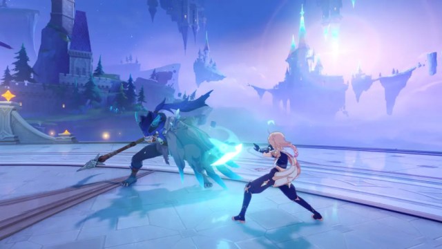 Aether from Genshin Impact fights a Hilichurl Rogue