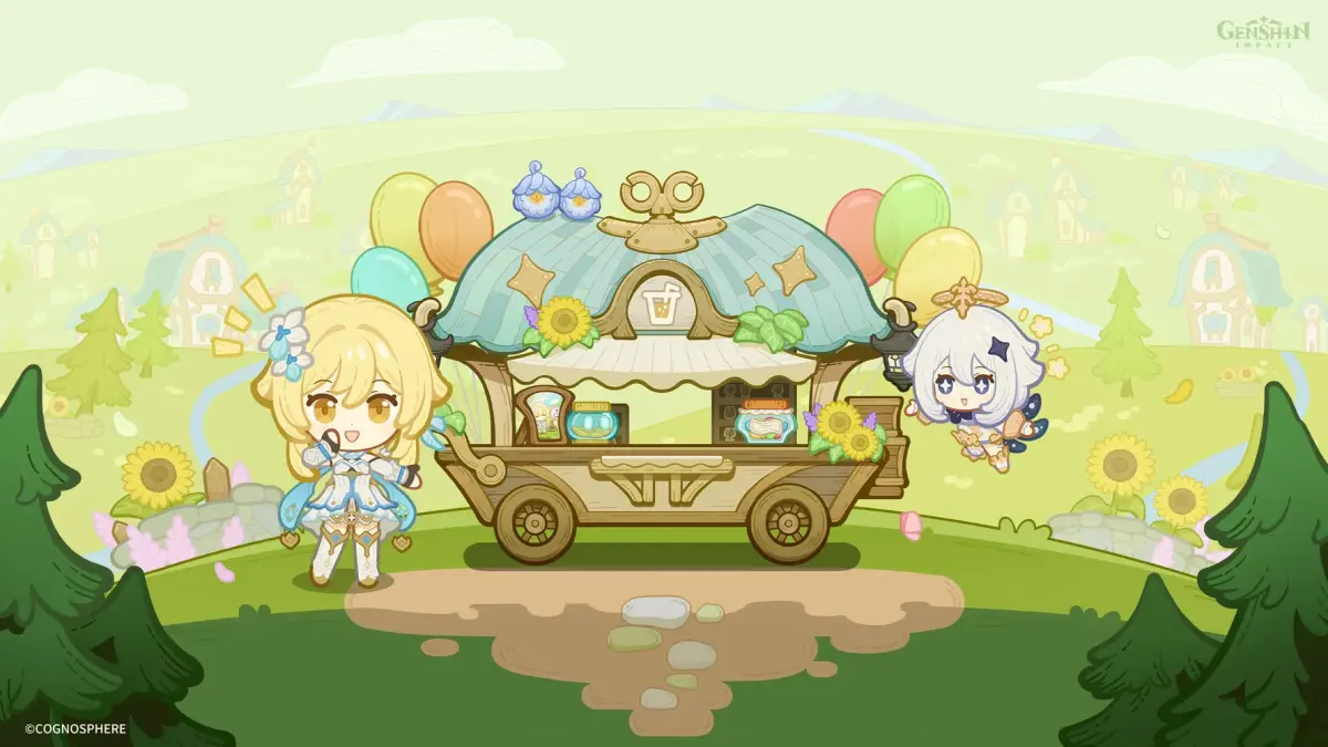 Lumine and Paimon stand next to a festive drink cart.