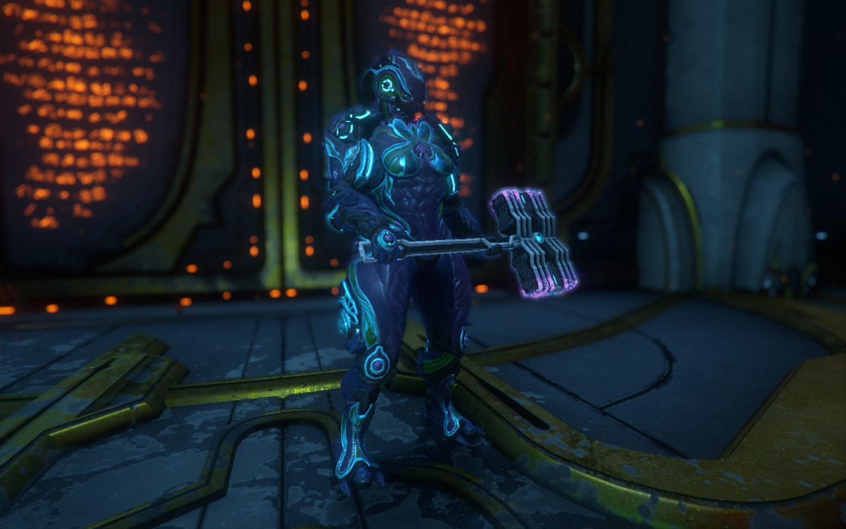 A video game character holding a glowing hammer in front of a set of doors