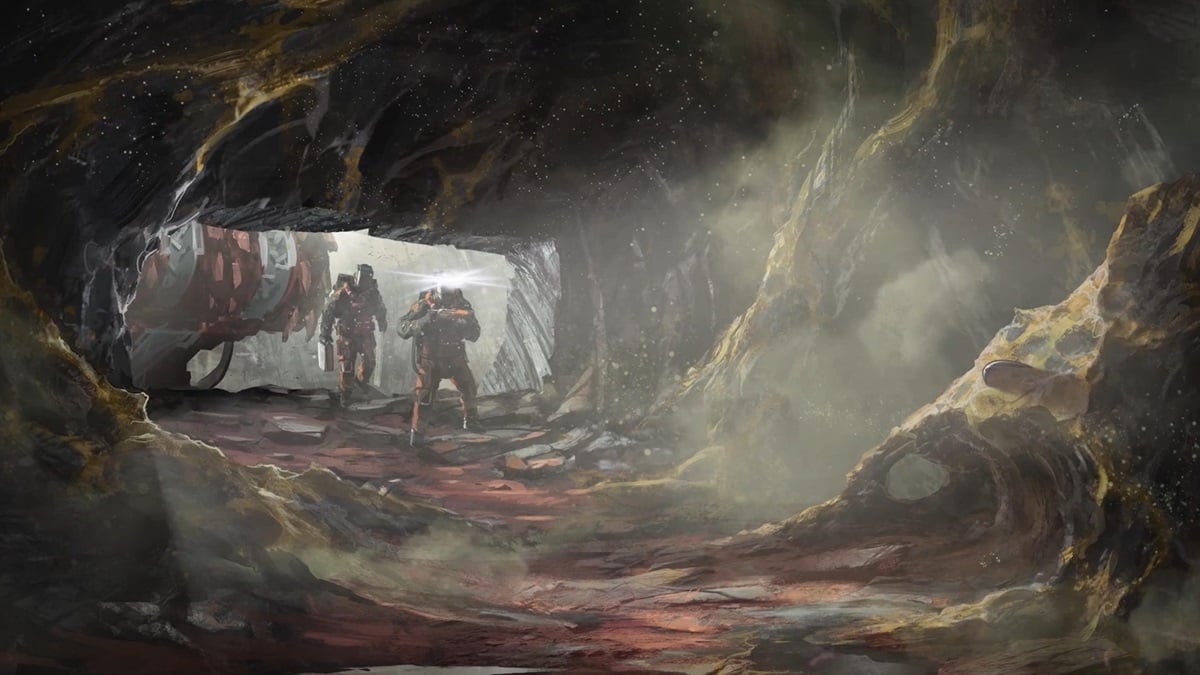Pre-release Starfield artwork - two explorers enter a dark, eerie cave on an unknown planet