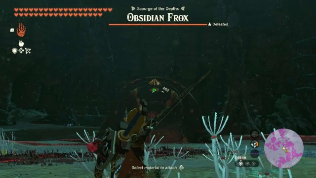 Link from Tears of the Kingdom aims an arrow at the eye of an Obsidian Frox