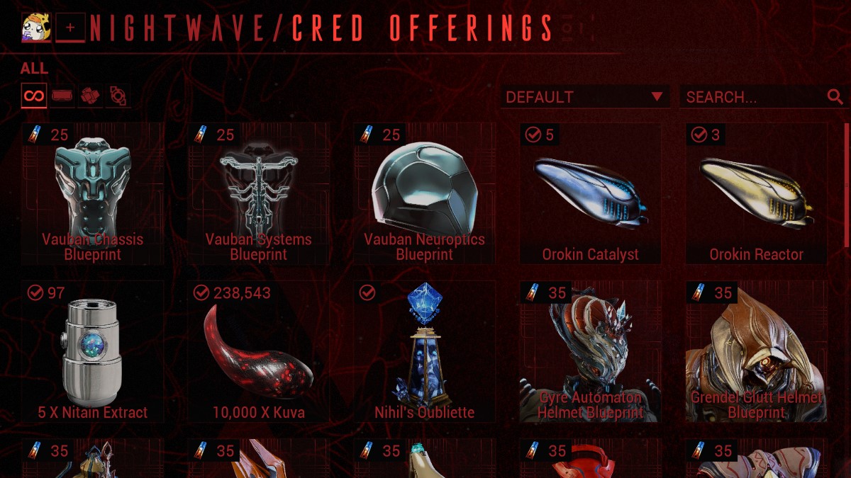 Warframe Nightwave Cred Offerings