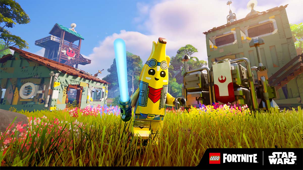 A Peely running with a Lightsaber in LEGO Fortnite